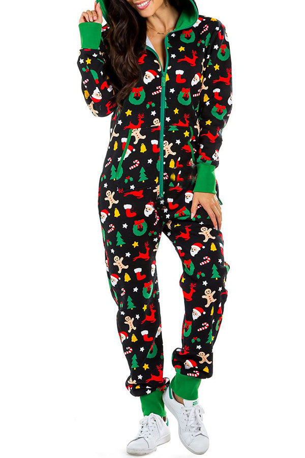 Loungewear-Overall mit Weihnachtsdruck, Reißverschlusstaschen und Kapuze