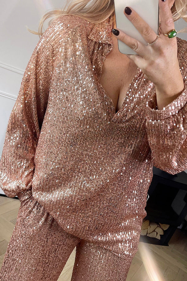 Party Energy Sequin Shirt Collar Loose Blouse