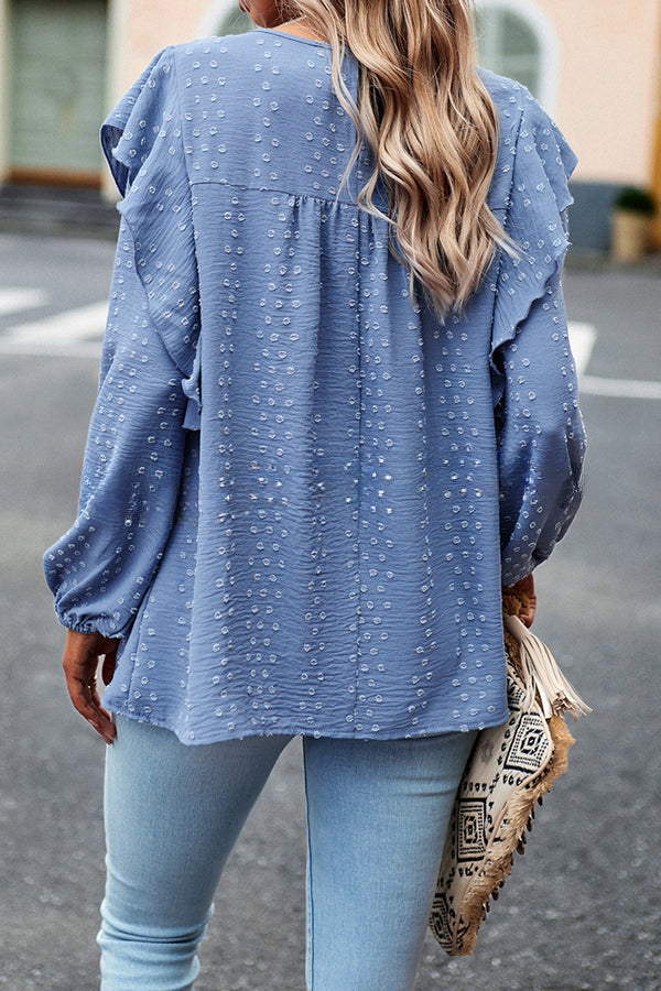 Textured Lace Fabric Ruffle Long Sleeve Blouse