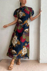 Our Greatest Love Watercolor Floral Puff Sleeve Cutout Elastic Waist Maxi Dress