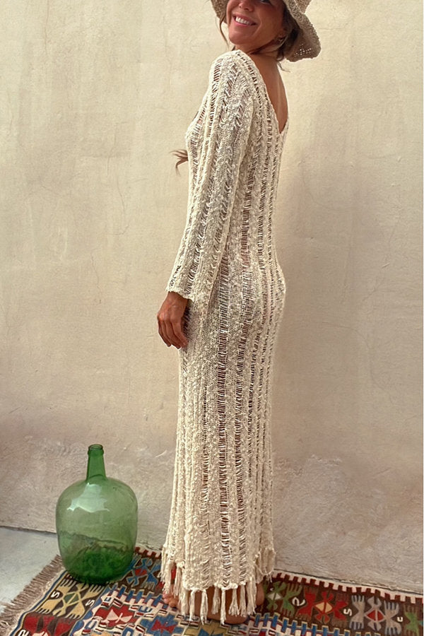 Somewhere Sunny Hollow Out Tassel Long Sleeve Knit Beach Maxi Dress