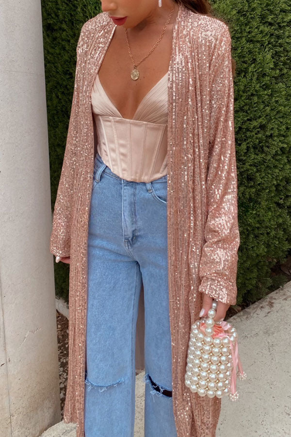 Shine Bright Sequin Long Sleeve Open Front Drape Midi Kimono