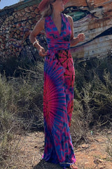 Generate Joy Tie-dye Print V-neck Cross Back Straps Stretch Maxi Dress