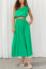 Chasing Sunshine Tie One Shoulder Pocketed Midi Skirt Set