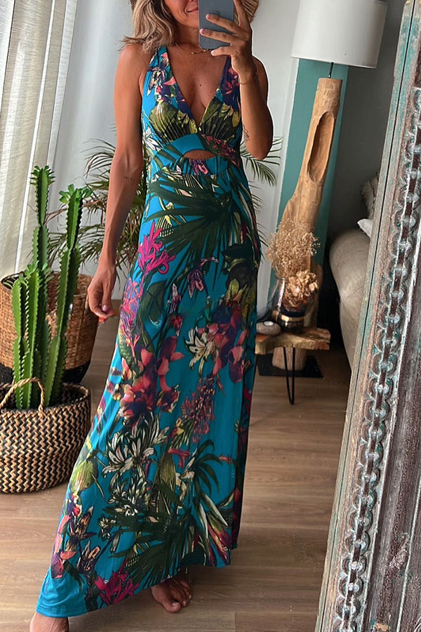 Rainforest Paradise Tropical Print Cutout Back Crossover Stretch Maxi Dress