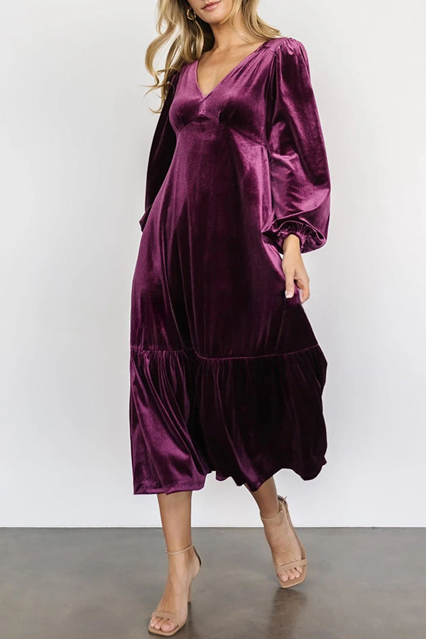 Erika Puff Sleeved Velvet Ruffled Midi Dress