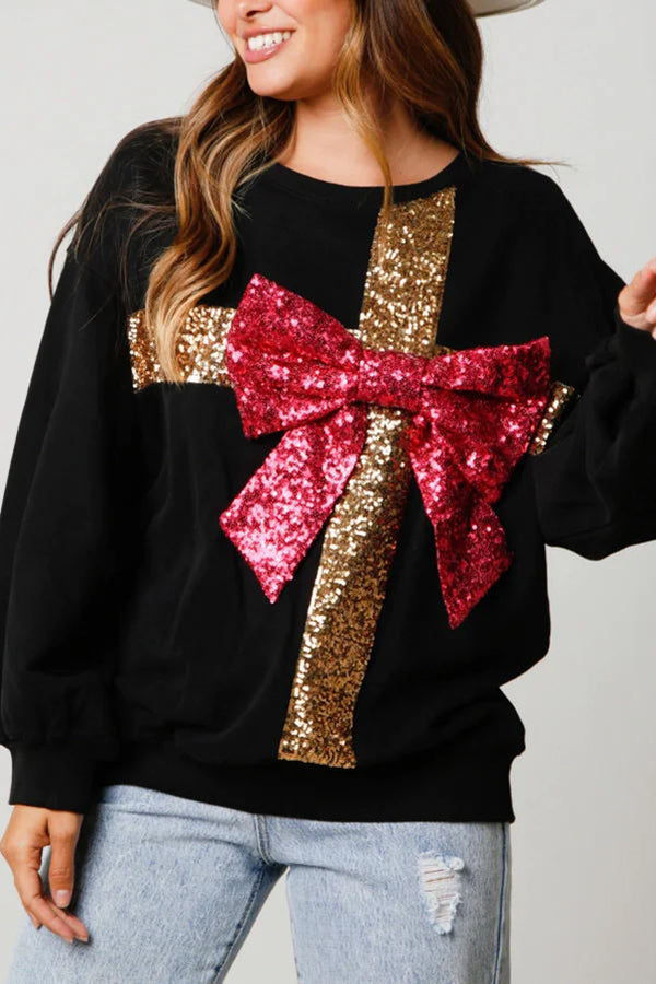 The Best Holiday Gifts Sequin Bow Loose Holiday Sweatshirt