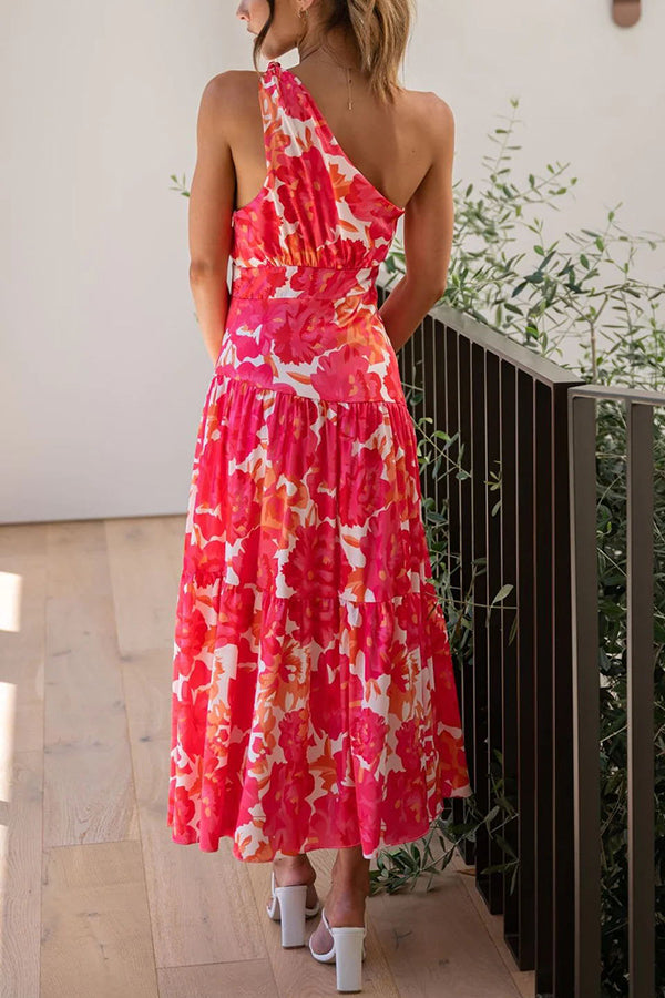 Just Met You Floral Knot Detail One Shoulder Tiered Maxi Dress