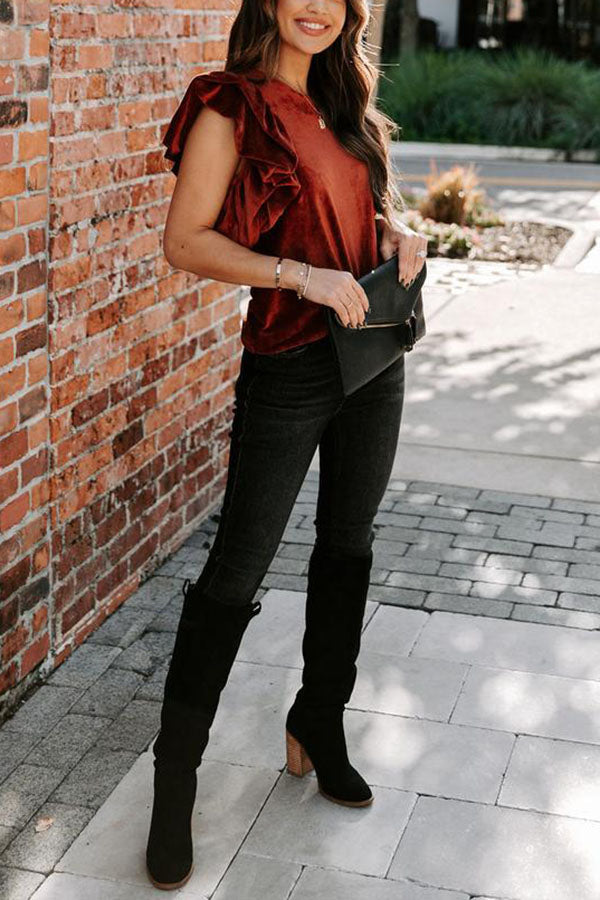 Chic Reveal Ribbed Velvet Ruffle Sleeve Top