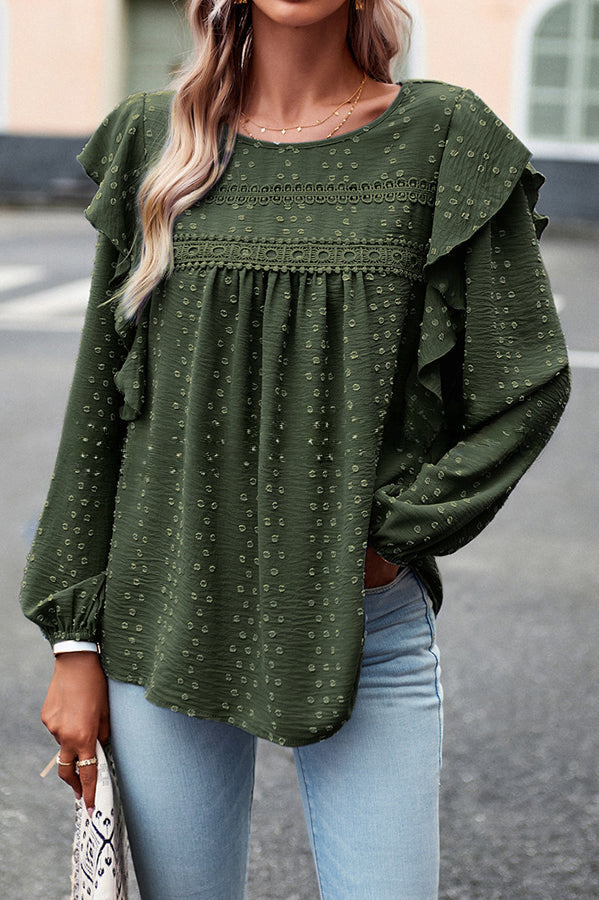 Textured Lace Fabric Ruffle Long Sleeve Blouse