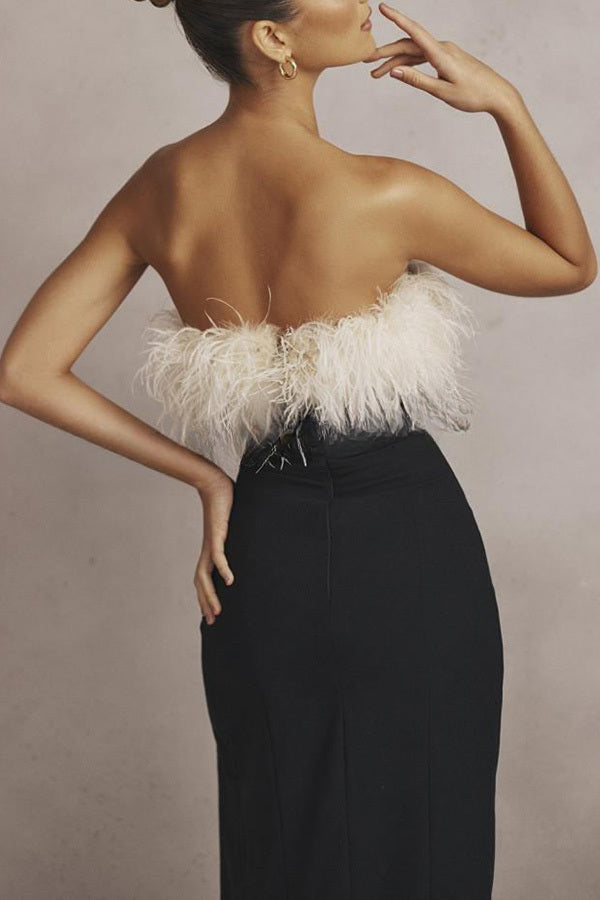 Sarai Thigh Slit Feather High Waisted Maxi Dress