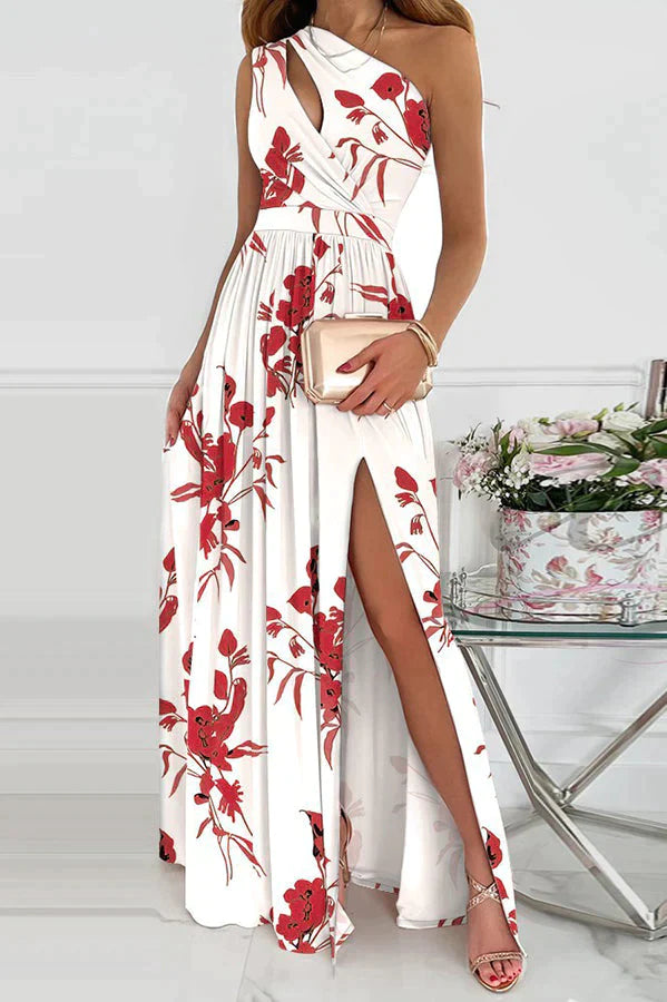 Jolie Floral One Shoulder Cutout Slit Maxi Dress