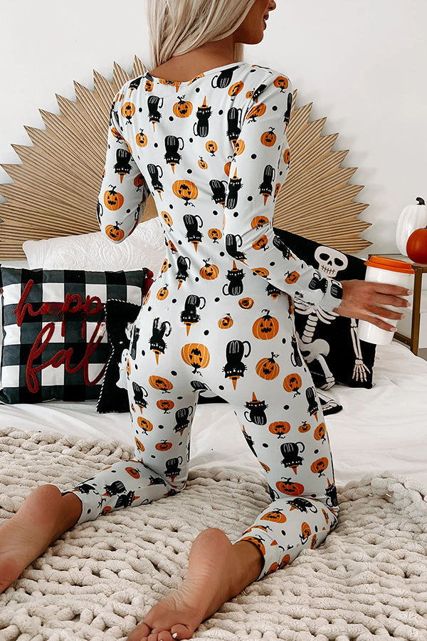 Ghost Country Halloween Print Long Sleeve Lounge Jumpsuit