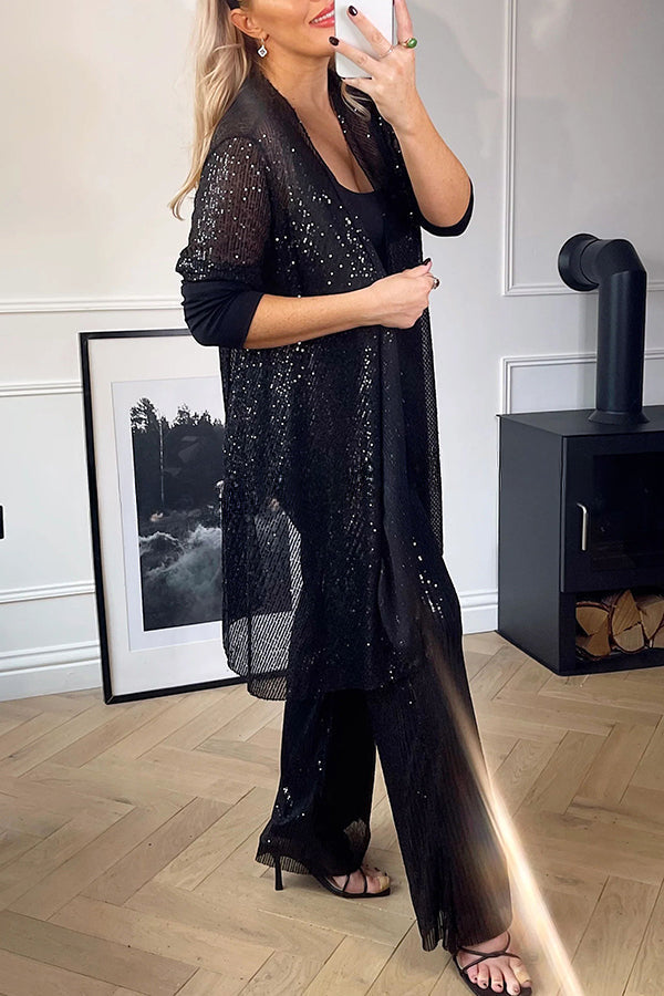 Shine Bright Sequin Half Sleeve Open Front Drape Midi Kimono