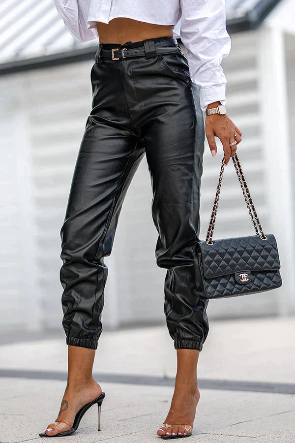 Don't Rush It PU Leather High Waist Cuffed Pants