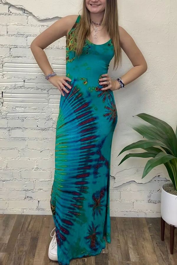 Tuscan Vibes Tie-dye Print Back Lace-up Slit Stretch Maxi Dress