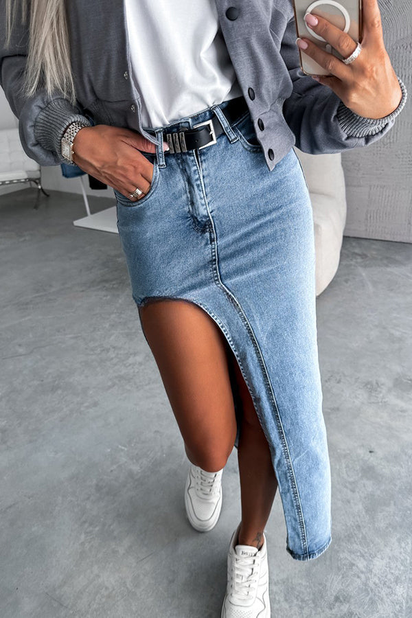 Updated Style Denim High Waisted Slit Irregular Midi Skirt