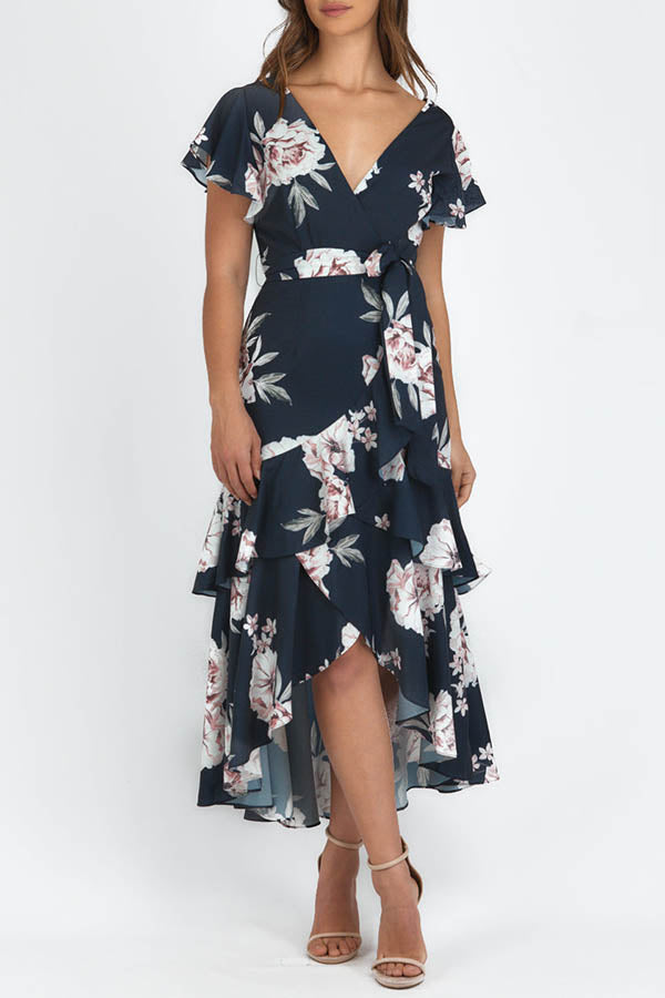 Bold Move Floral Wrap Ruffle Midi Dress