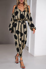 Graphic Print Stretch Waist Tie Long Sleeve Jumpsuit