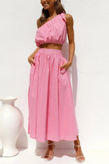 Chasing Sunshine Tie One Shoulder Pocketed Midi Skirt Set