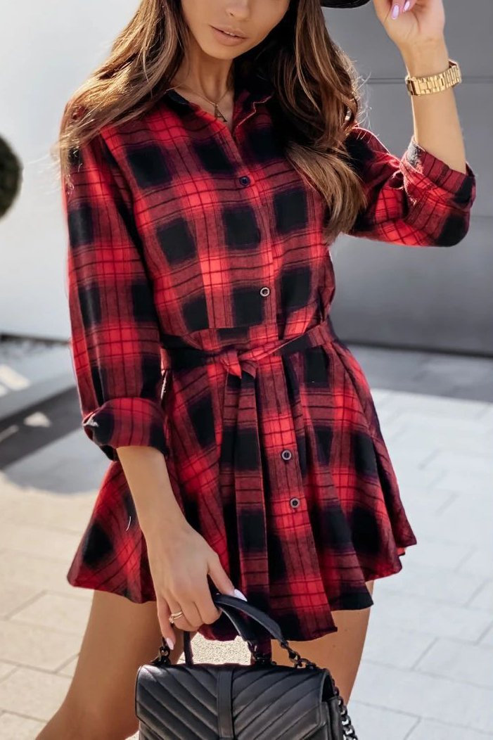 V Neck Plaid Shirt Dress