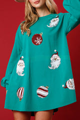 Santa Sequin Pullover Long Sleeve Pocket Mini Dress