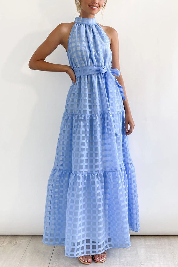 Elena Tulle Square Patterned Fabric Belted Halter Maxi Dress