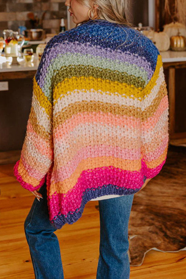 Cozy Daydream Handmade Chunky Knit Colorful Stripe Pattern Cardigan