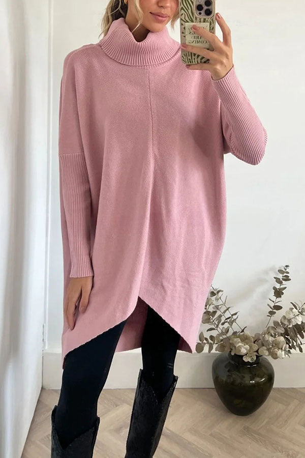 Perfect  Winter Walks Knit Turtleneck High-low Hem Loose Midi Sweater