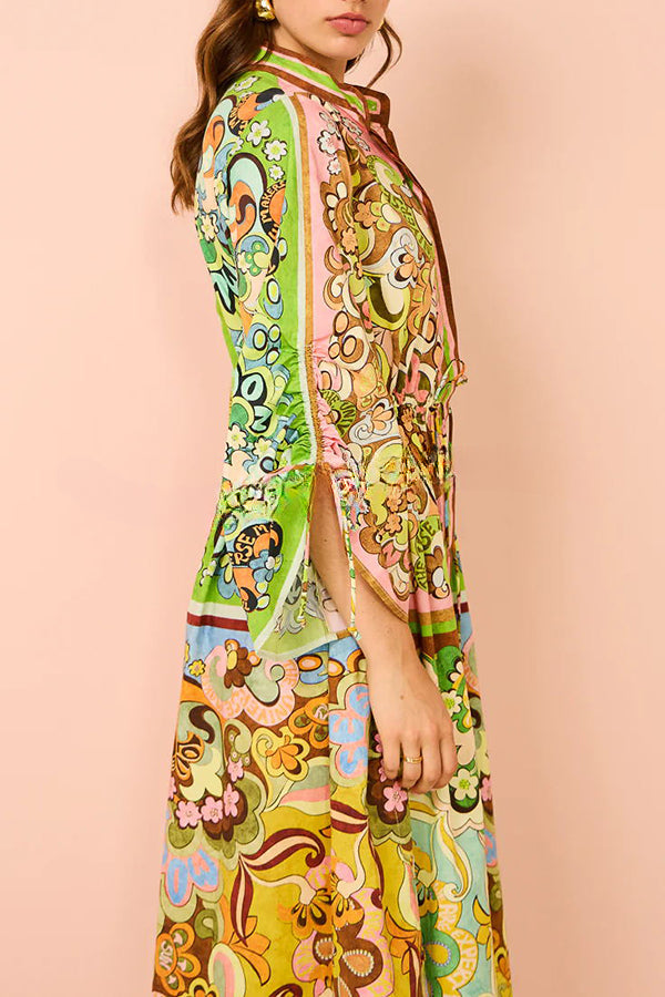 Color Block Unique Print Pocket Button Drawstring Long Sleeve Maxi Dress