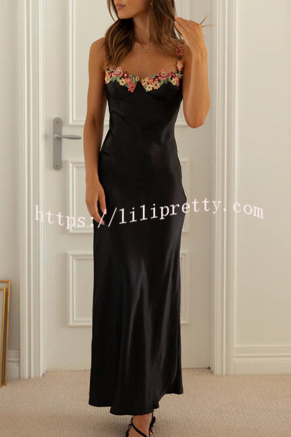 Endless Love Satin Embroidered Flower Trim Strap Maxi Dress