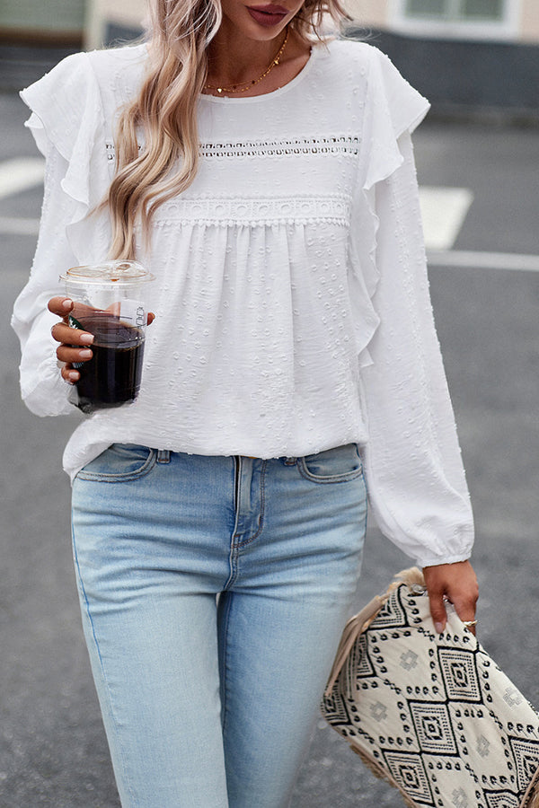 Textured Lace Fabric Ruffle Long Sleeve Blouse