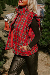 Seasonal Warmth Plaid Flutter Sleeve Pocket Quilted Puffy Vest