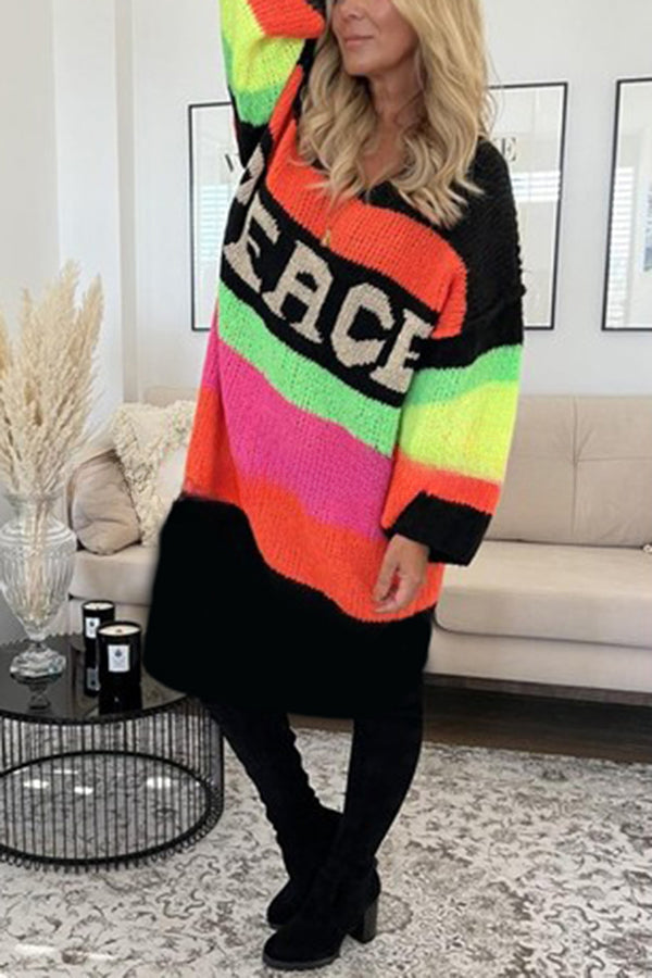 True Faith Knit Peace Pattern Color Blocks Loose Midi Sweater Dress