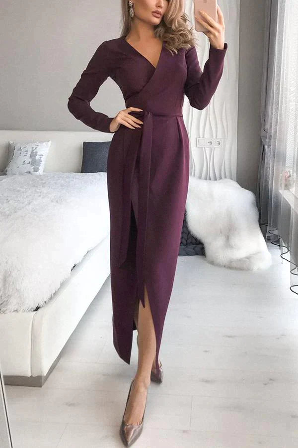 Troy Wrap Long Sleeve Collarless Maxi Dress